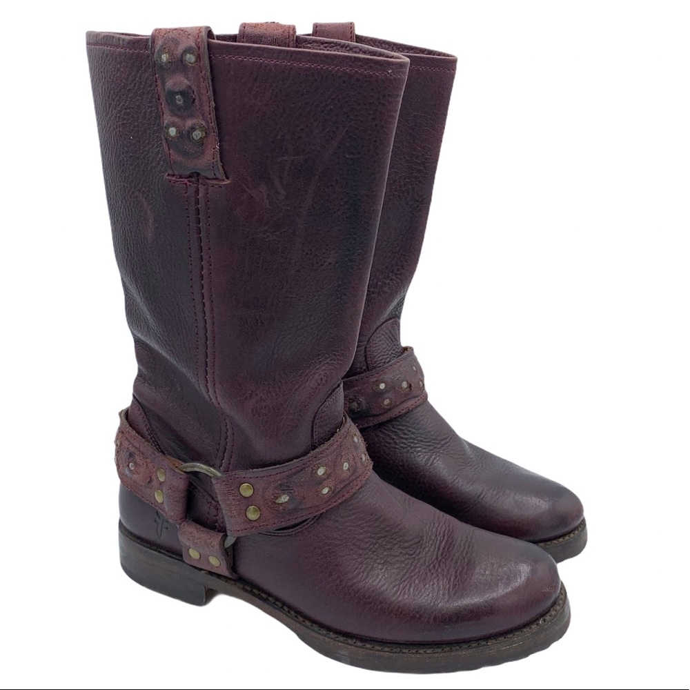 Frye Veronica Harness Plum Mid Calf Leather Boots
